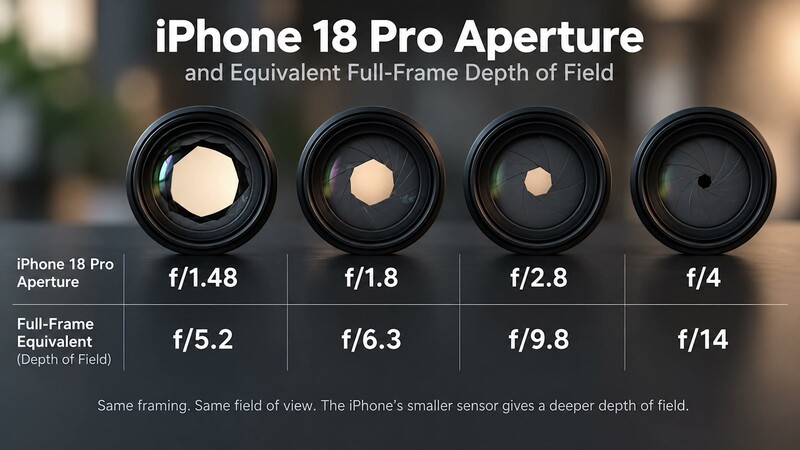 Chart showing each iPhone 18 Pro aperture and the full-frame aperture it is equivalent to in terms of depth of field
