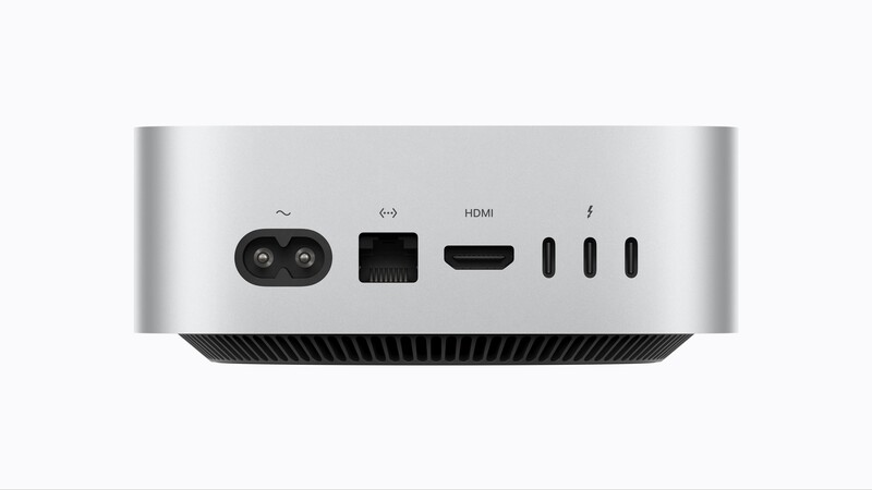 Three Thunderbolt 5 ports at up to 120 Gb/s on the M5 Pro model, alongside HDMI and 2.5 Gb Ethernet that can be configured to 10 Gb