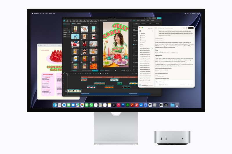 The M5 Pro configuration drives a display, an edit, and an AI assistant at once, from a machine that takes up a 5-inch square of desk
