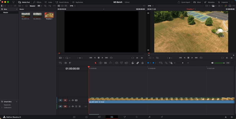 The Edit page with the drone footage loaded