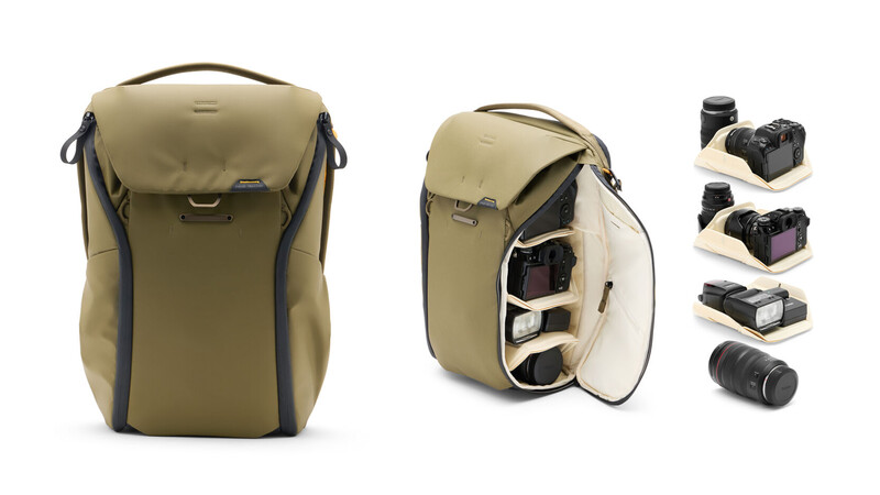 Tan camera backpack shown closed, open with dividers, and with photography gear displayed