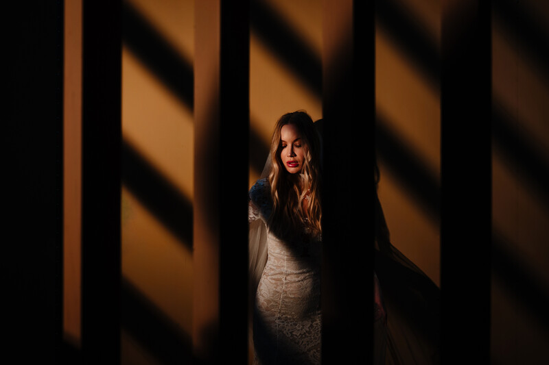 Woman in white dress framed by dramatic shadow stripes from window blinds