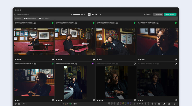 Screenshot of photo management software displaying grid of portrait images with timestamps and metadata