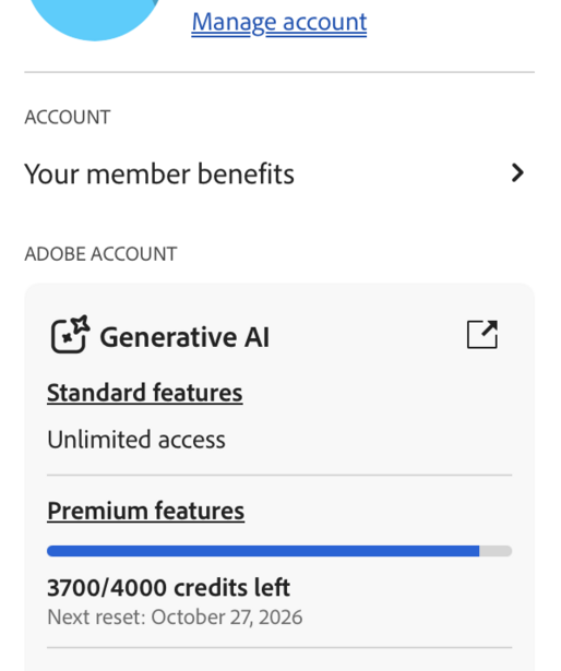 Screenshot of Adobe Generative AI account features showing 3700/4000 credits remaining