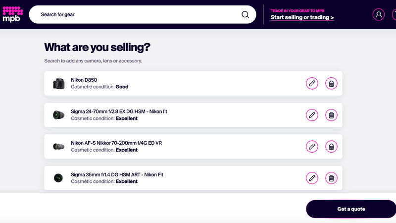 Screenshot of MPB gear selling interface displaying four Nikon camera lenses with conditions and pricing options