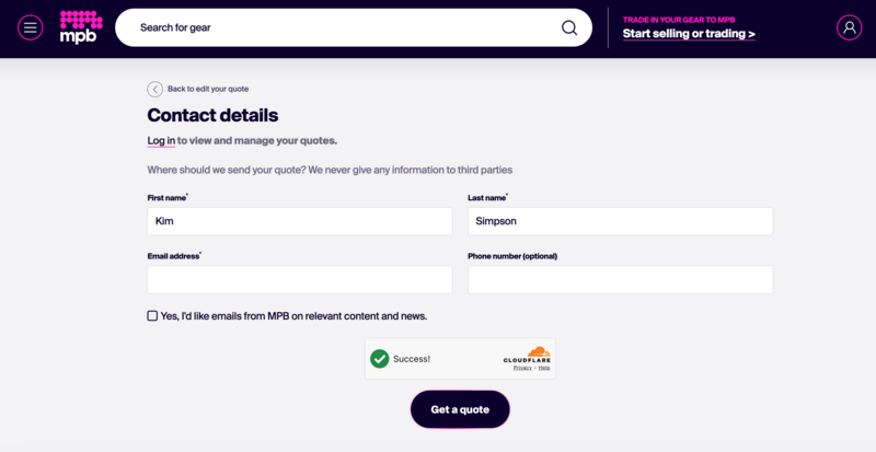 Screenshot of MPB contact details form with First name Kim, Last name Simpson, and Success message