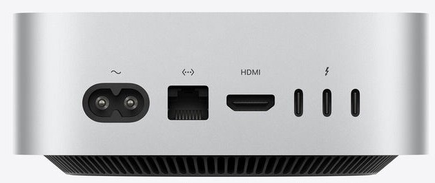 Apple Mac mini with M5 Pro, rear view with three Thunderbolt 5 ports, HDMI, and Ethernet