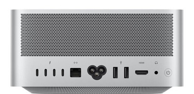 Apple Mac Studio with M5 Ultra, rear view with four Thunderbolt 5 ports, 10 Gb Ethernet, two USB-A, and HDMI