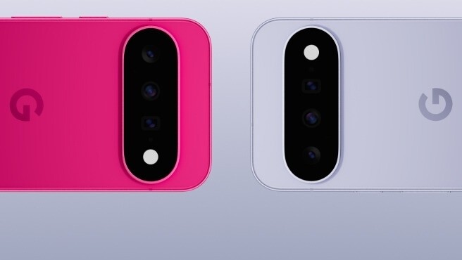 Two Google Pixel 11 phones in Hibiscus and Frost, camera bars side by side