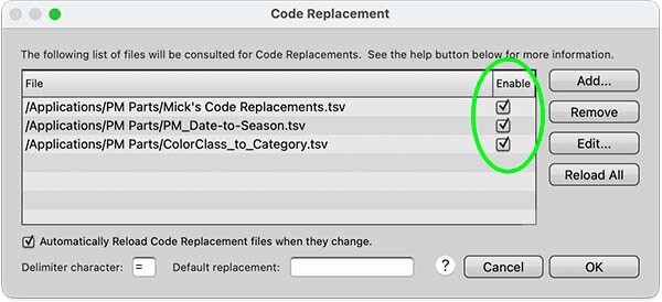 Photo Mechanic's Code Replacement window listing three enabled replacement files