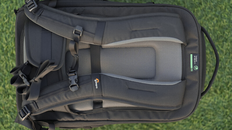 Camera backpack with padded compartments and gray mesh ventilation panel viewed from above on grass