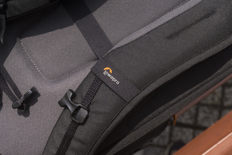 Close-up of camera backpack strap with Lowepro logo and black adjustment buckle