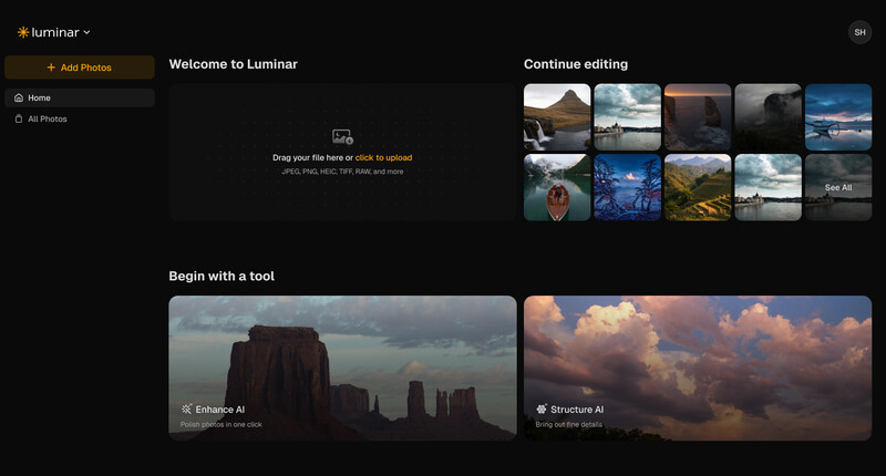 Screenshot of Luminar photo editing software interface showing welcome screen with image upload area and editing tools
