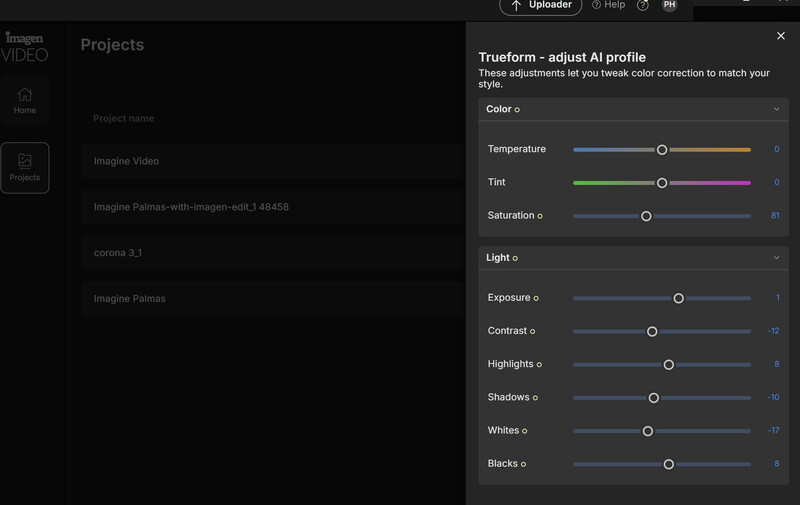 Screenshot of Trueform AI color grading adjustment panel with multiple sliders