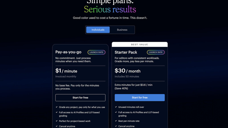 Screenshot of pricing plans comparison showing Pay-as-you-go and Starter Pack tiers with features and costs