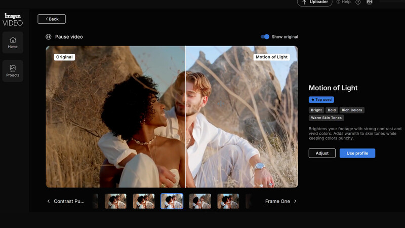 Split-screen comparison of a couple in mountainous landscape with warm and cool lighting treatments