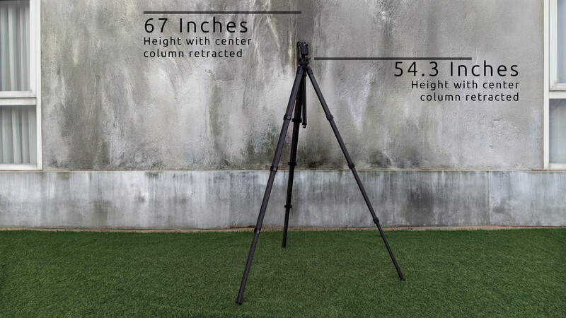Black tripod with center column retracted shown against concrete wall with height measurements labeled