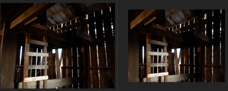 Before and after comparison of a rustic wooden barn interior with a ladder-like frame and daylight streaming through gaps in the walls.