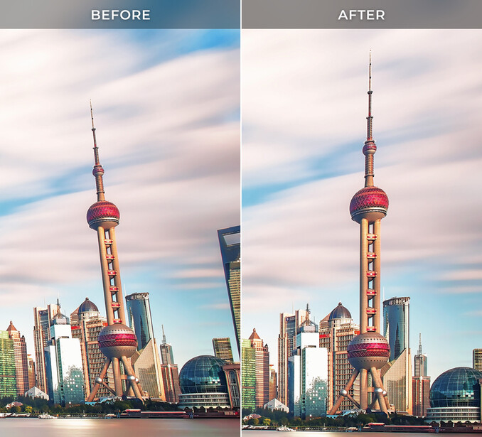 Before and after edit comparison of Shanghai's Oriental Pearl Tower under streaked clouds over the city skyline