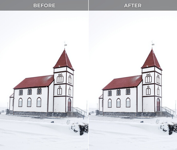 Before and after comparison of a white church with a red roof in snowy, overcast conditions