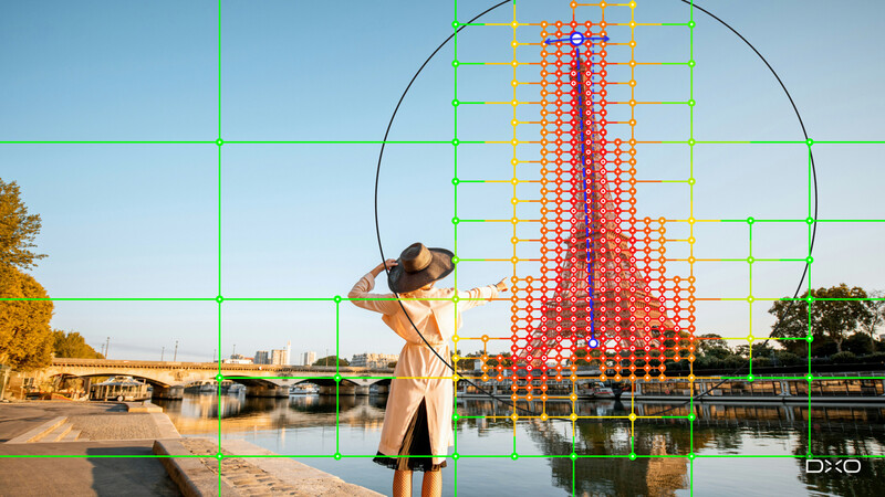 Woman in a wide-brimmed hat and light coat facing a river at golden hour, with a rule-of-thirds grid overlay