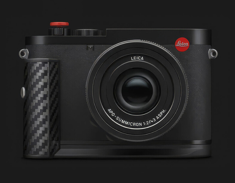 Front view of a black Leica camera with a carbon fiber grip, red shutter button, and APO-Summicron lens on a dark background.