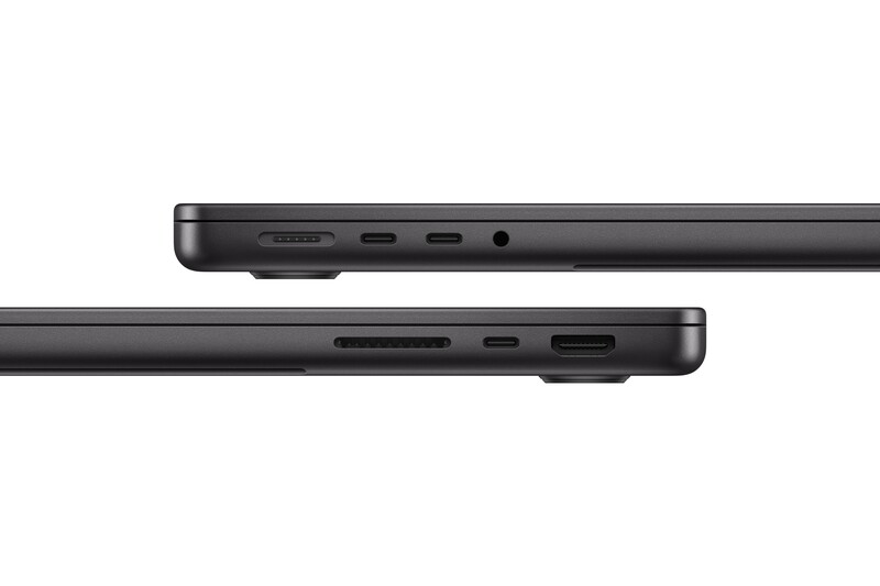The 14-inch MacBook Pro keeps its SDXC card slot, HDMI port, MagSafe 3, headphone jack, and three Thunderbolt 4 ports.