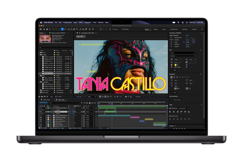 MacBook Pro displaying Adobe After Effects with a masked portrait and 'Tania Castillo' title graphic.