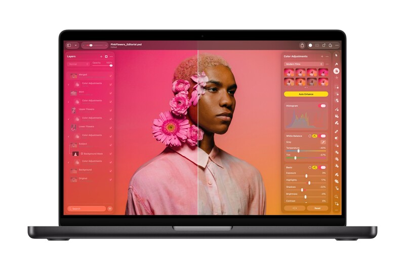 Laptop displaying a photo editor with a split-view portrait of a man with pink flowers in his hair against a pink backdrop