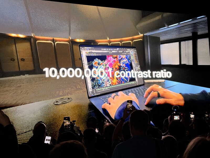 Apple put the display’s 10,000,000:1 contrast ratio on the big screen during the keynote.