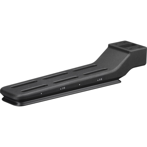 Black camera slider or dolly track system with mounting bracket and adjustment knobs.