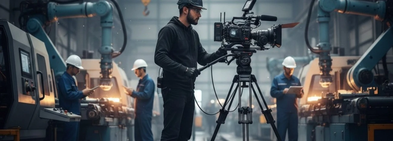 Man in a black hard hat and hoodie operating a cinema camera on a tripod in a factory with industrial robot arms behind him.