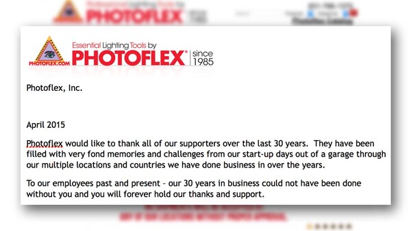 Photoflex Releases An Official Statment On The Sudden Closing Of Business