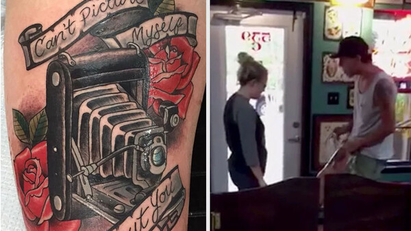 Man Proposes to Photographer Girlfriend With Huge Vintage Camera Thigh Tattoo