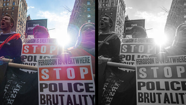 Side-by-side comparison of color and black-and-white versions of a protest scene with signs reading 'Stop Police Brutality' held by demonstrators in an urban setting.
