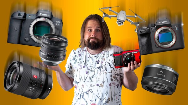 Photographer surrounded by floating Canon and Sony cameras, lenses, and a drone against a yellow background.