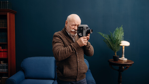 Older man in brown cardigan holding vintage film camera to his face indoors.