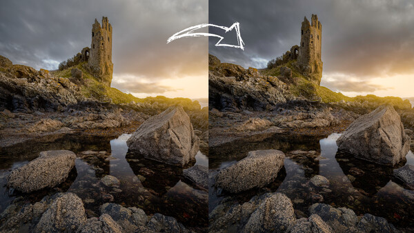 Side-by-side comparison of a coastal tower on rocky terrain with subtle differences in composition and processing.
