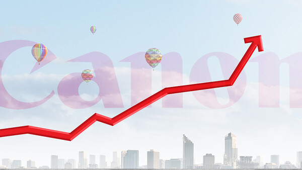 Illustration of an upward-trending red arrow above a city skyline with hot air balloons and growth-themed text overlay.
