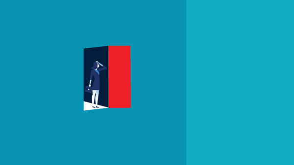 Illustration of a person opening a dark door with a bright red interior visible inside.