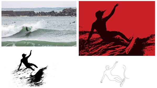 Four artistic interpretations of a surfer riding a wave, ranging from photograph to silhouette to line drawing.