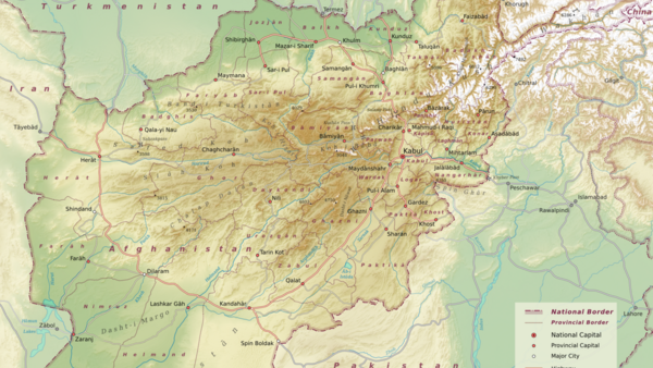 Political map of Afghanistan showing national borders, provincial capitals, and major cities with topographic terrain features.