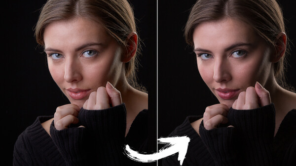Before and after portrait comparison showing skin retouching adjustments on a woman's face.