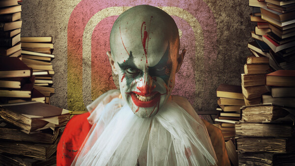 Conceptual portrait of figure with theatrical clown makeup surrounded by stacked books and glowing halo effect.