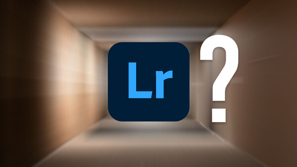 Adobe Lightroom logo with a question mark on a warm-toned interior background.