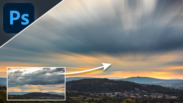 Photoshop tutorial graphic showing before-and-after comparison of landscape photo with dramatic sky.
