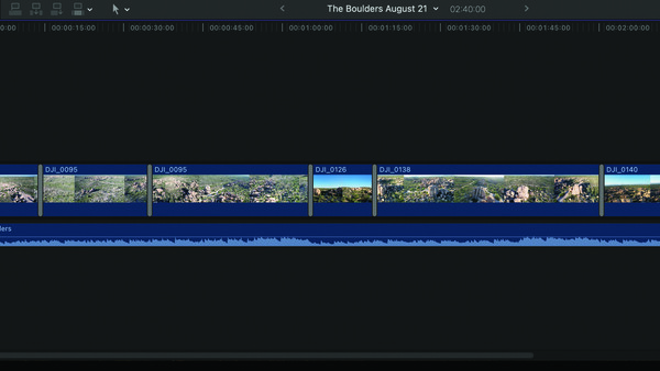 Screenshot of video editing timeline showing multiple clips of landscape footage in a professional NLE interface.