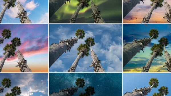 Grid of nine photos showing palm trees shot from below against varied sky conditions throughout different times of day.
