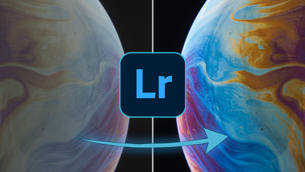 Adobe Lightroom logo centered between two colorful, abstract fluid art compositions with mirrored symmetry.