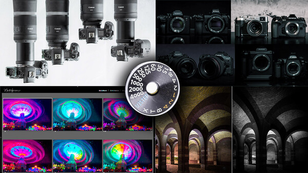 Nikon camera gear including lenses, bodies, and thermal/infrared imagery samples alongside architectural photography.